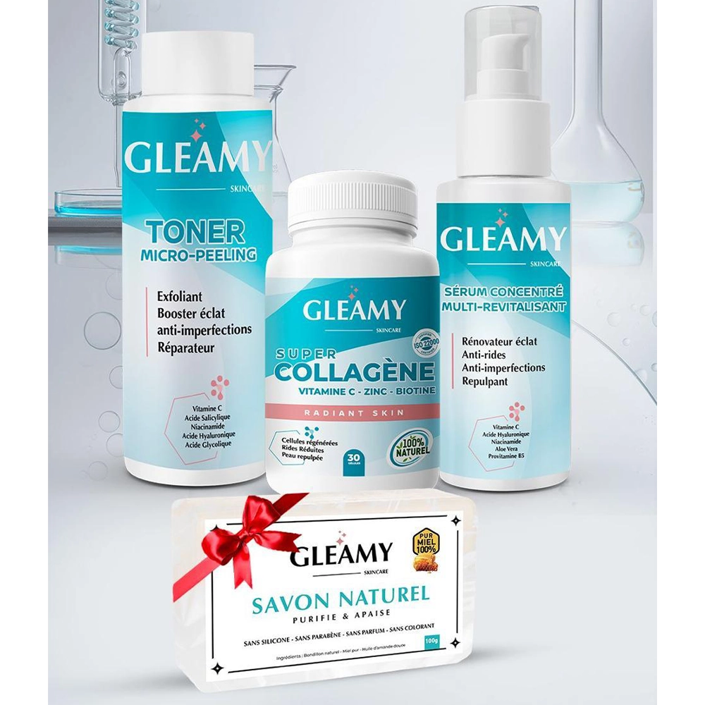 Coffret visage Gleamy avec toner, sérum, collagène et savon