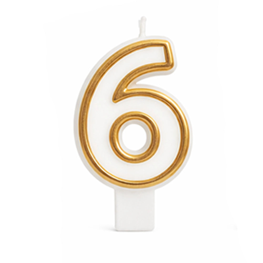 Bougie en forme de 6, blanc et or, pour gâteau