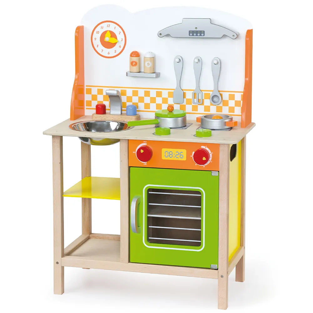 Dinette Bois Complète Orange et Vert avec 7 Accessoires 3 Ans+