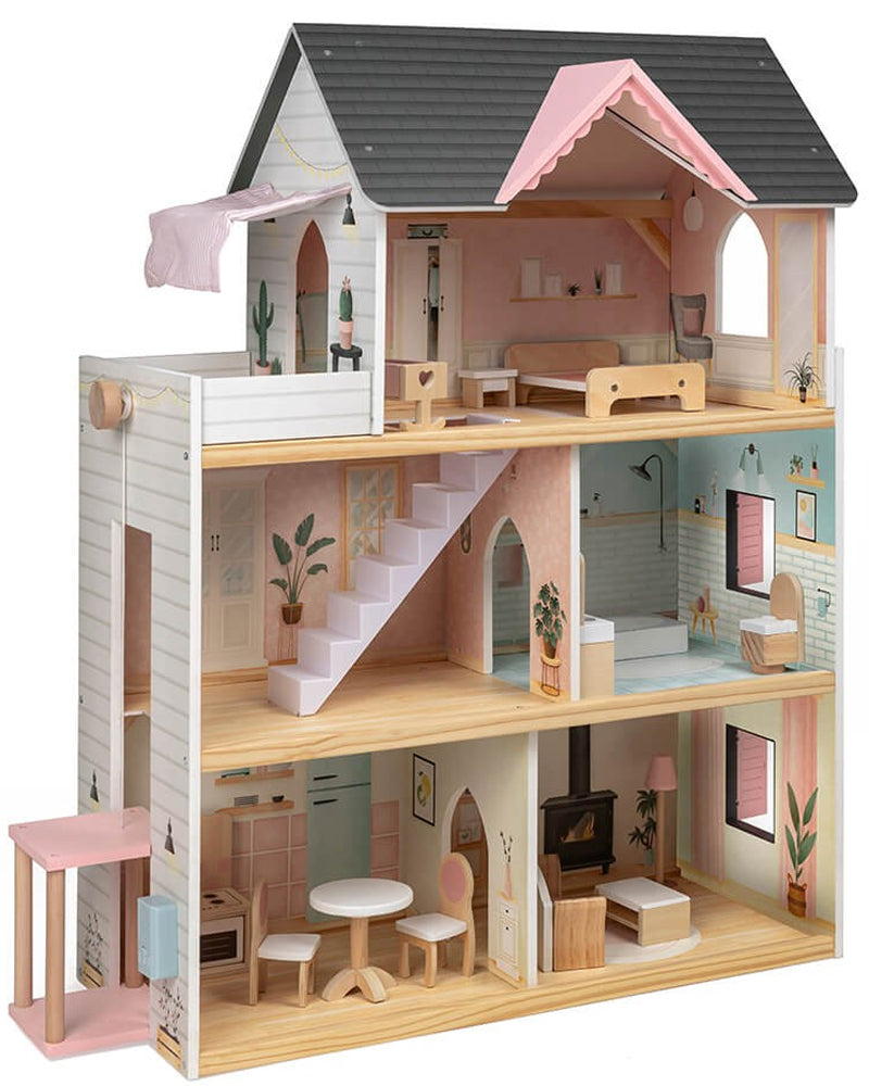 Maison de poupée pastel en bois, 3 étages et 14 meubles dès 3 ans