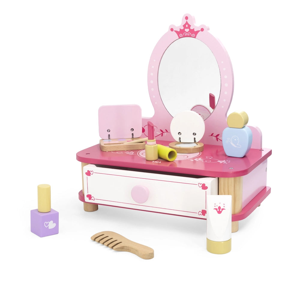 Coiffeuse en bois pour enfant avec miroir et accessoires de jeu