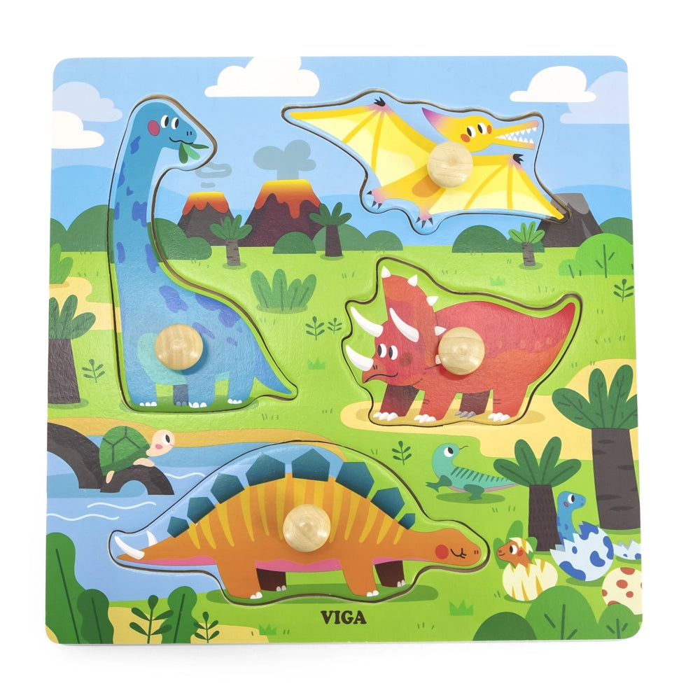 Puzzle Bois Dinosaures 4 Pièces à Boutons 12M+