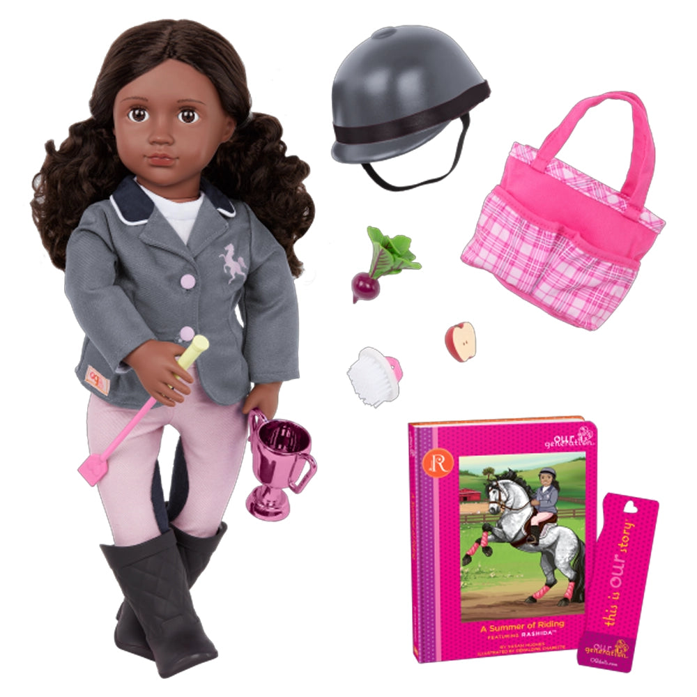 Rachida, poupée cavalière 46 cm avec livre et accessoires