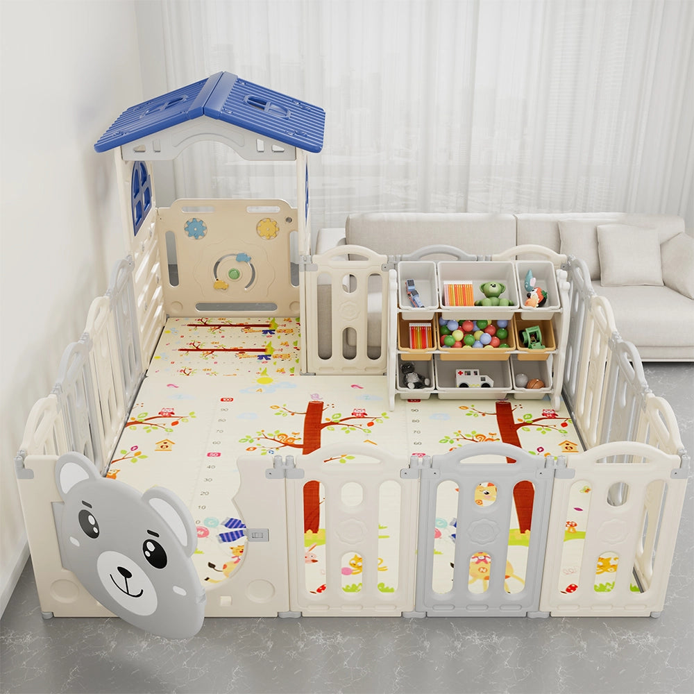 Parc modulable 209 × 185 cm avec maison et étagère 3 niveaux