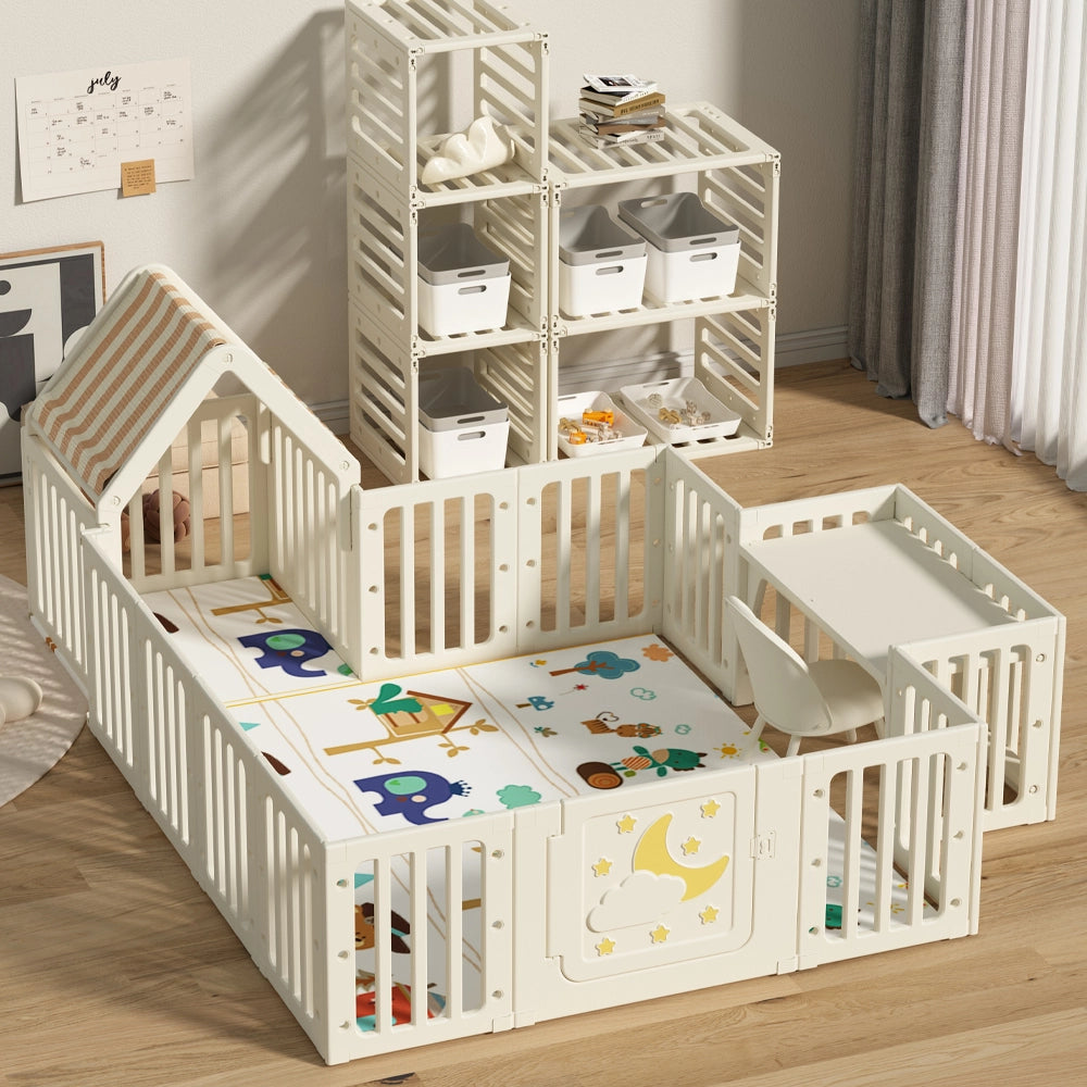 Parc pliable à panneaux avec maisonnette, table et tapis