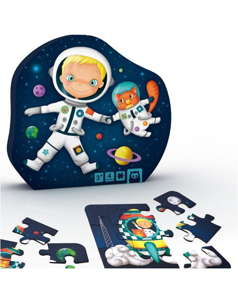 Puzzle spatial à 4 niveaux : jeune astronaute et chat