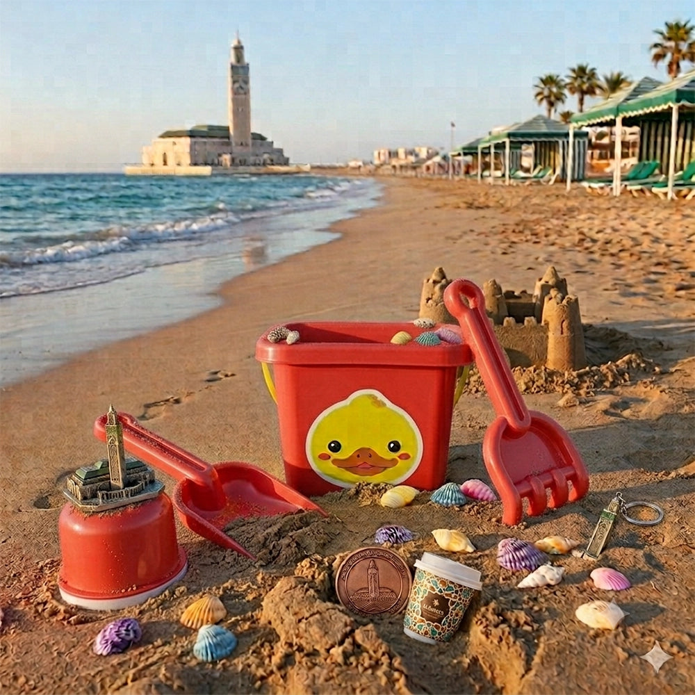 Seau rouge de plage et accessoires de sable multicolores