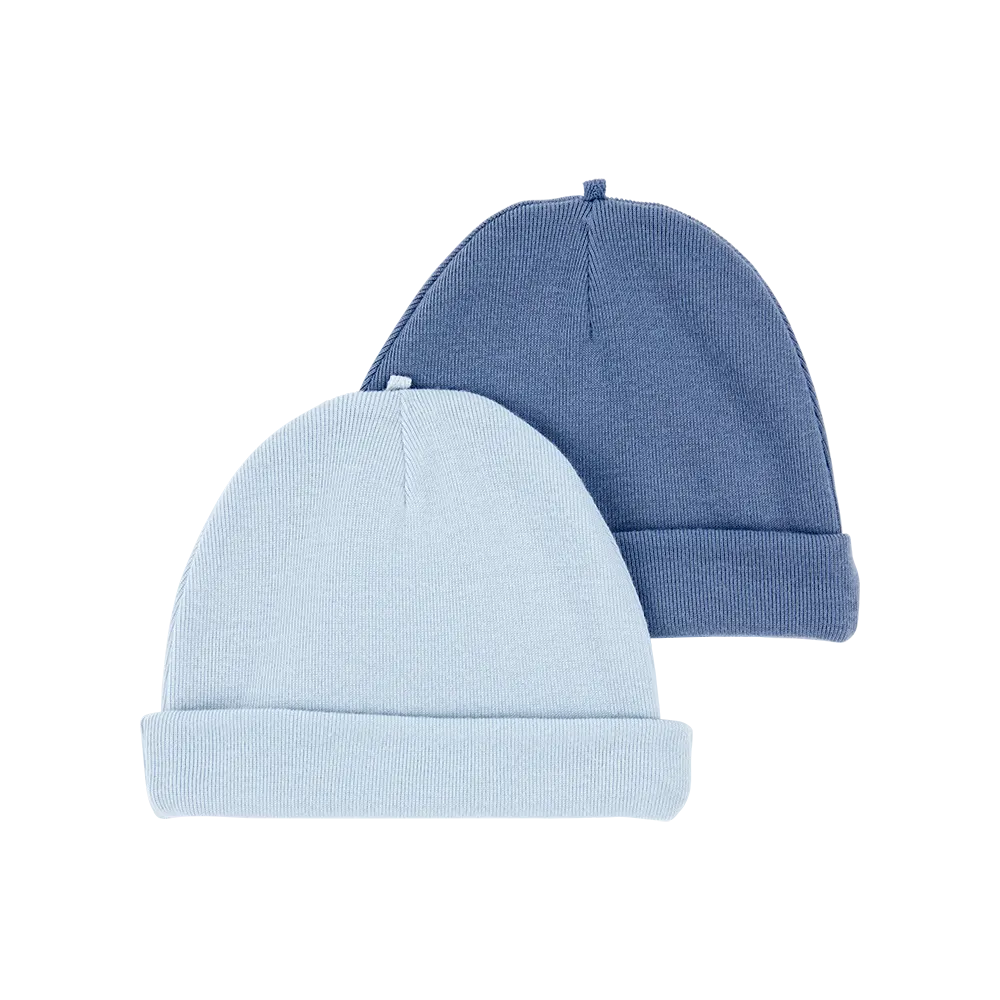 Deux bonnets bébé à revers, bleu clair et bleu moyen – 0-3 mois