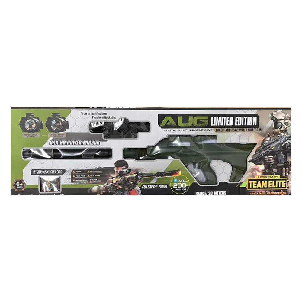 Blaster AUG à billes d’eau, double chargeur et lunette HD 64× – 6 ans+
