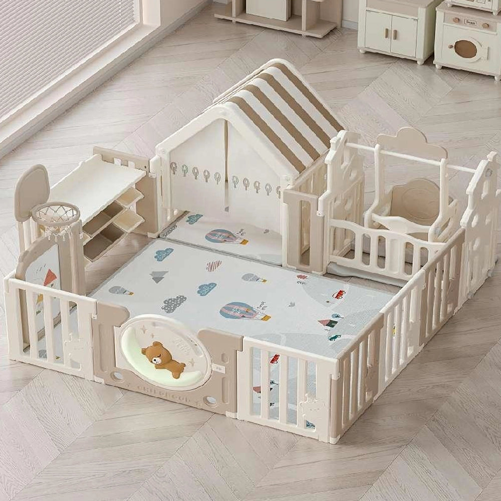 Parc d’activités pliable 150 × 180 cm avec maisonnette et balançoire