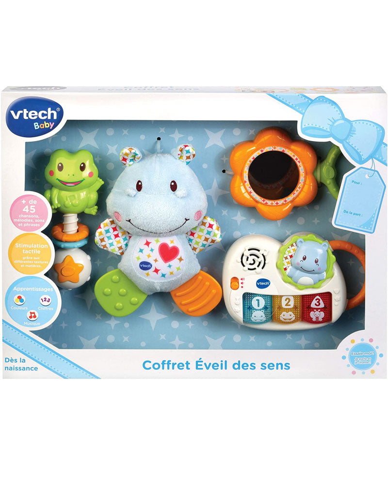 Coffret d’éveil bébé avec hippo, piano, miroir-fleur et hochet