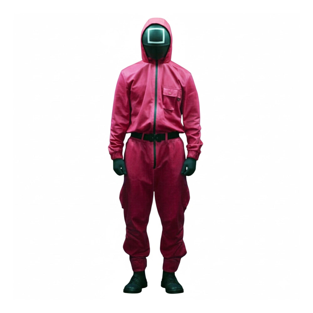 Costume de garde rose à capuche et masque carré – taille S