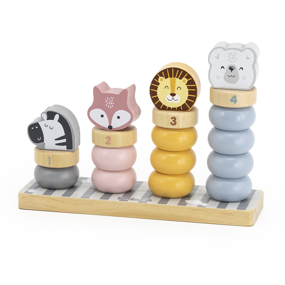 Jeu d'Empilage Animaux Bois PolarB 4 Tours Numérotées 24M+