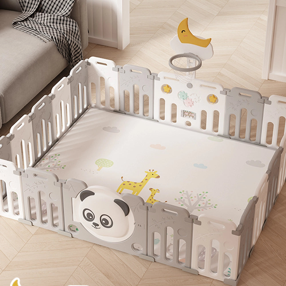 Parc bébé à clôture pliable 219 × 182 cm, tapis panda et basket