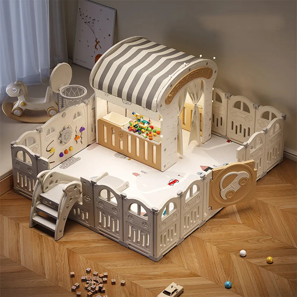 Espace de jeu pliable avec maisonnette, toboggan et tapis 188 × 226 cm
