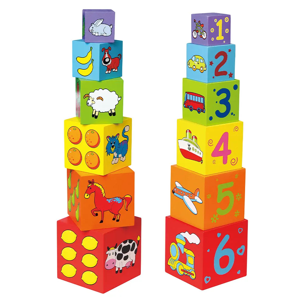Tour à Empiler Bois 6 Cubes Illustrés Animaux Véhicules Fruits 12M+