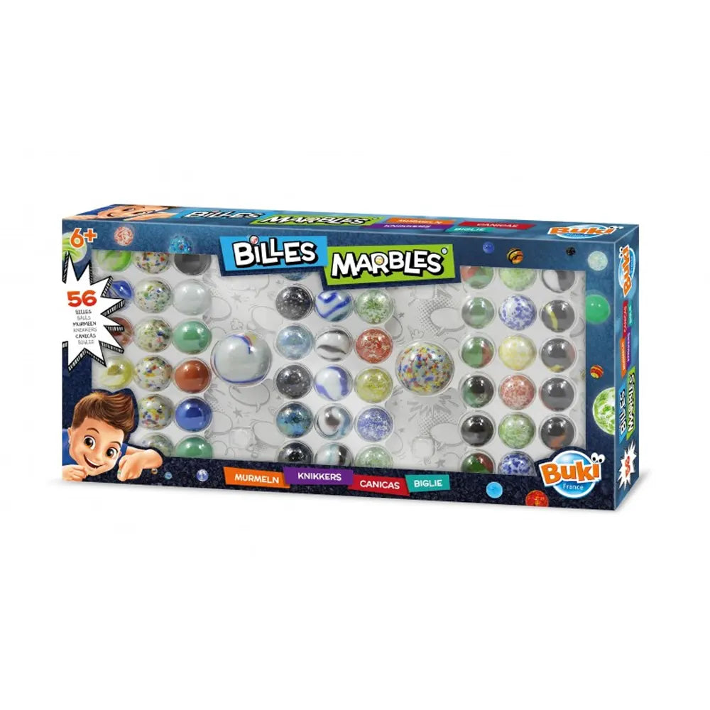 Coffret de 56 billes en verre aux styles variés – Buki