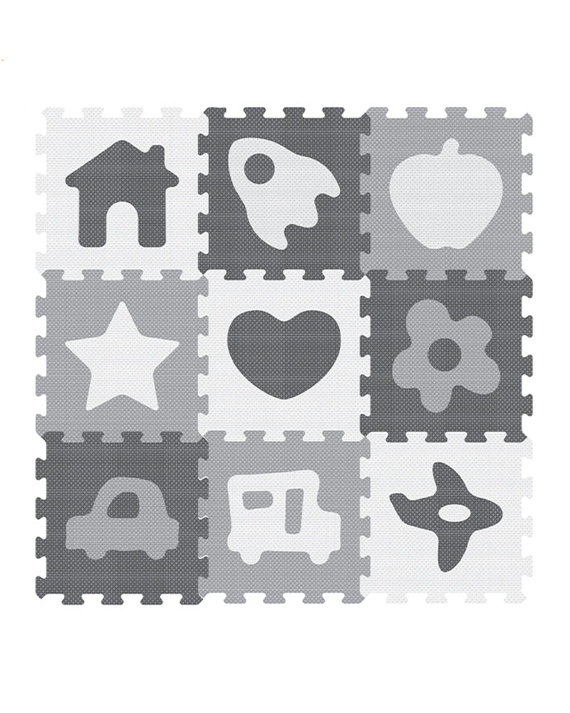 Tapis puzzle gris et blanc aux motifs illustrés