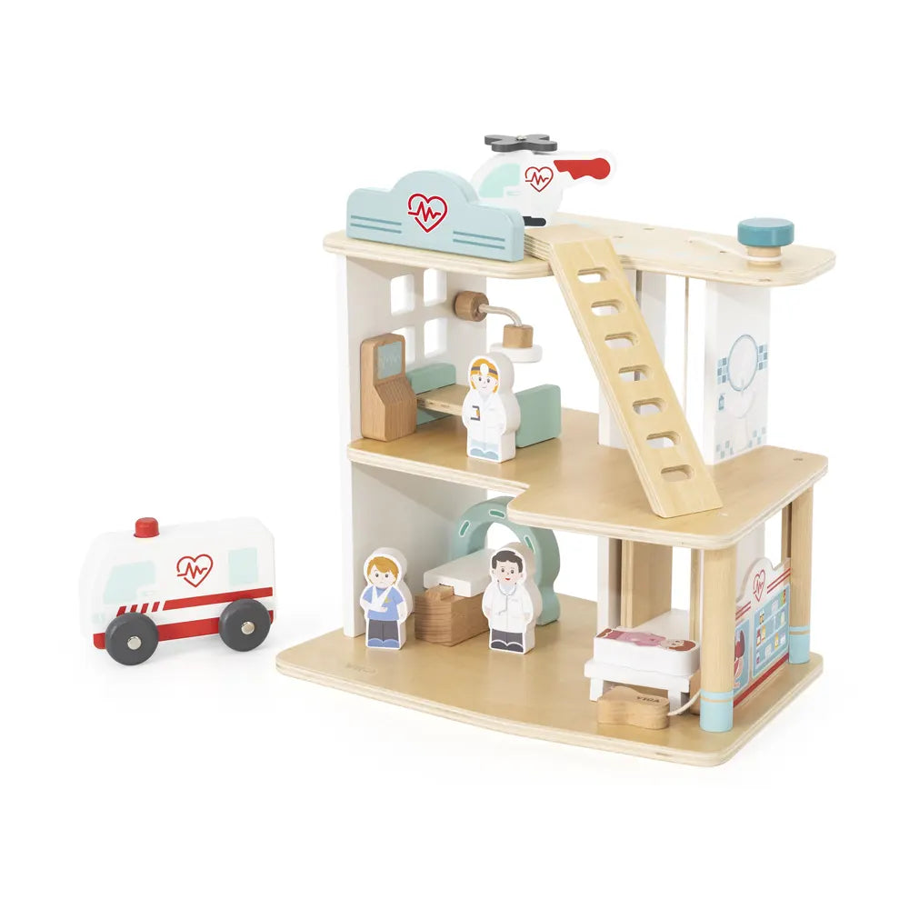 Hôpital Miniature en Bois 3 Étages avec Accessoires Viga Toys 3 Ans+