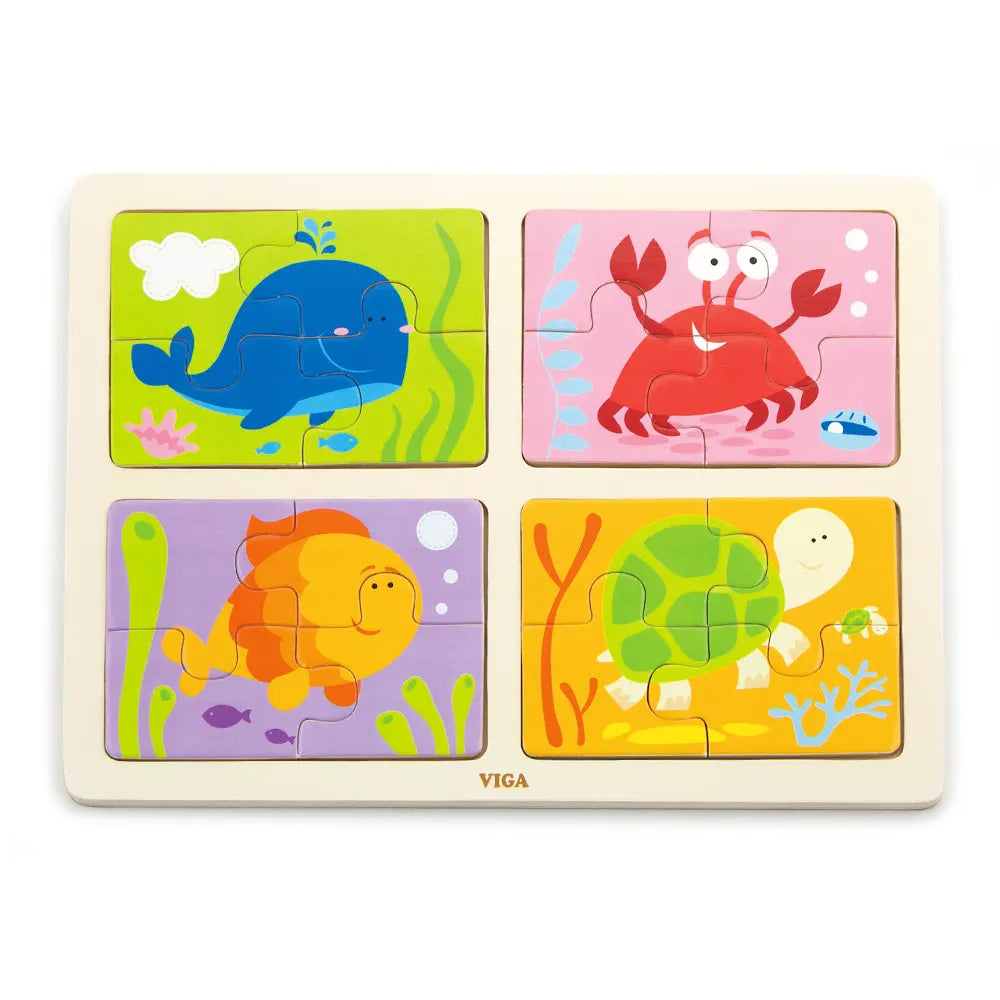 Coffret 4 Mini-Puzzles Bois Créatures Marines 4 Pièces 18M+