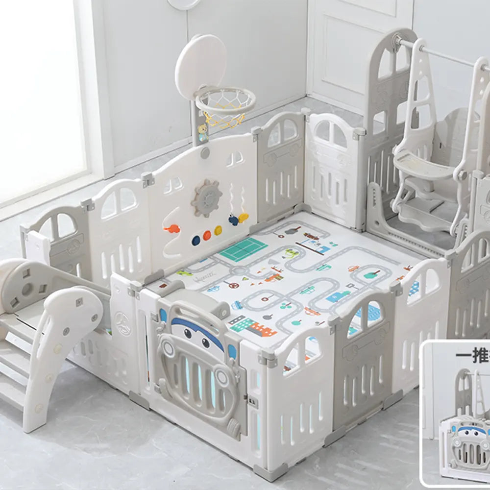 Espace de jeu pliable avec toboggan, balançoire et tapis circuit