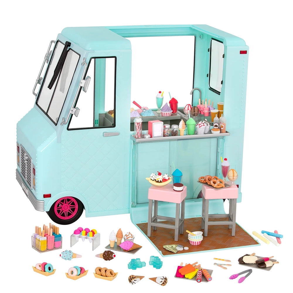 Camion glacier turquoise avec accessoires pour poupée 46 cm