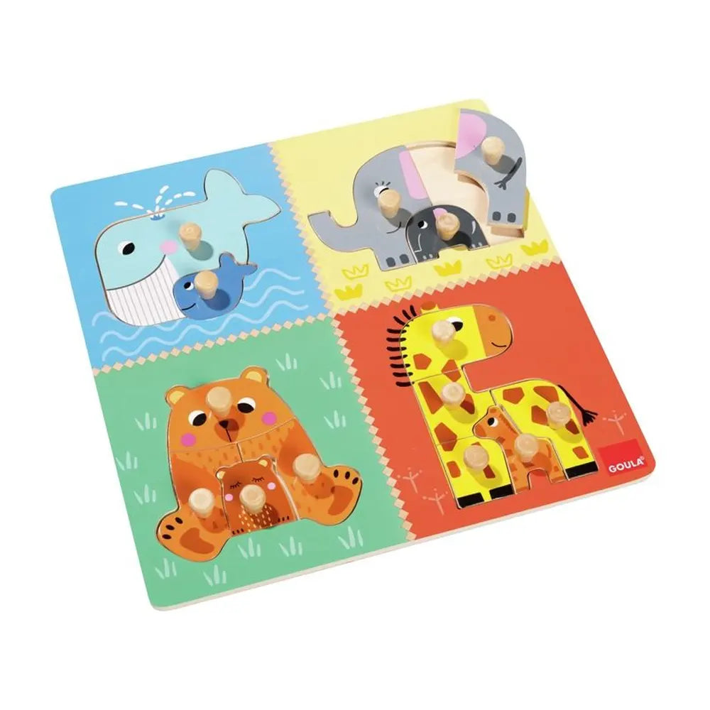 Puzzle à encastrements progressifs des familles animales en bois 2 ans+