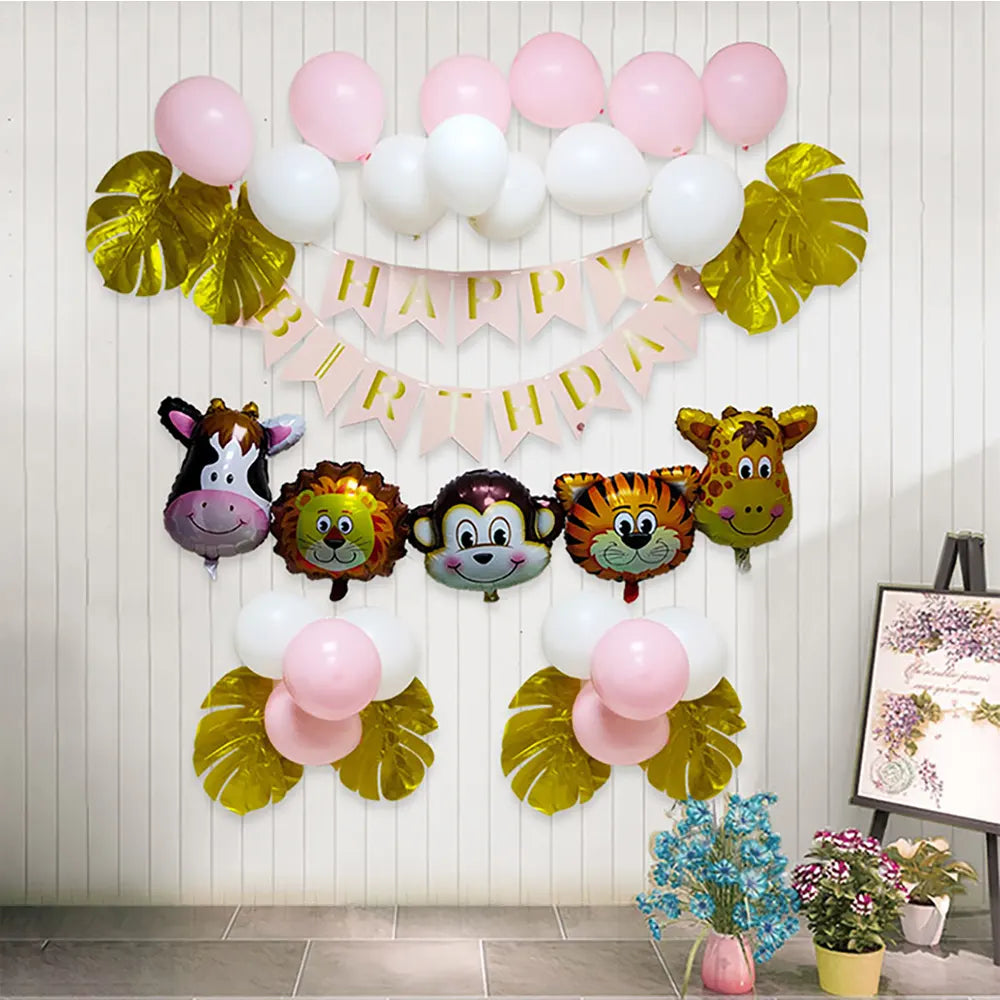 Kit de fête jungle rose avec ballons et feuilles dorées