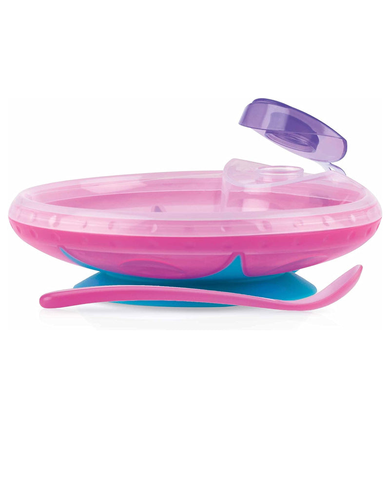 Ensemble repas bébé rose avec cuillère longue et réserve d’eau chaude