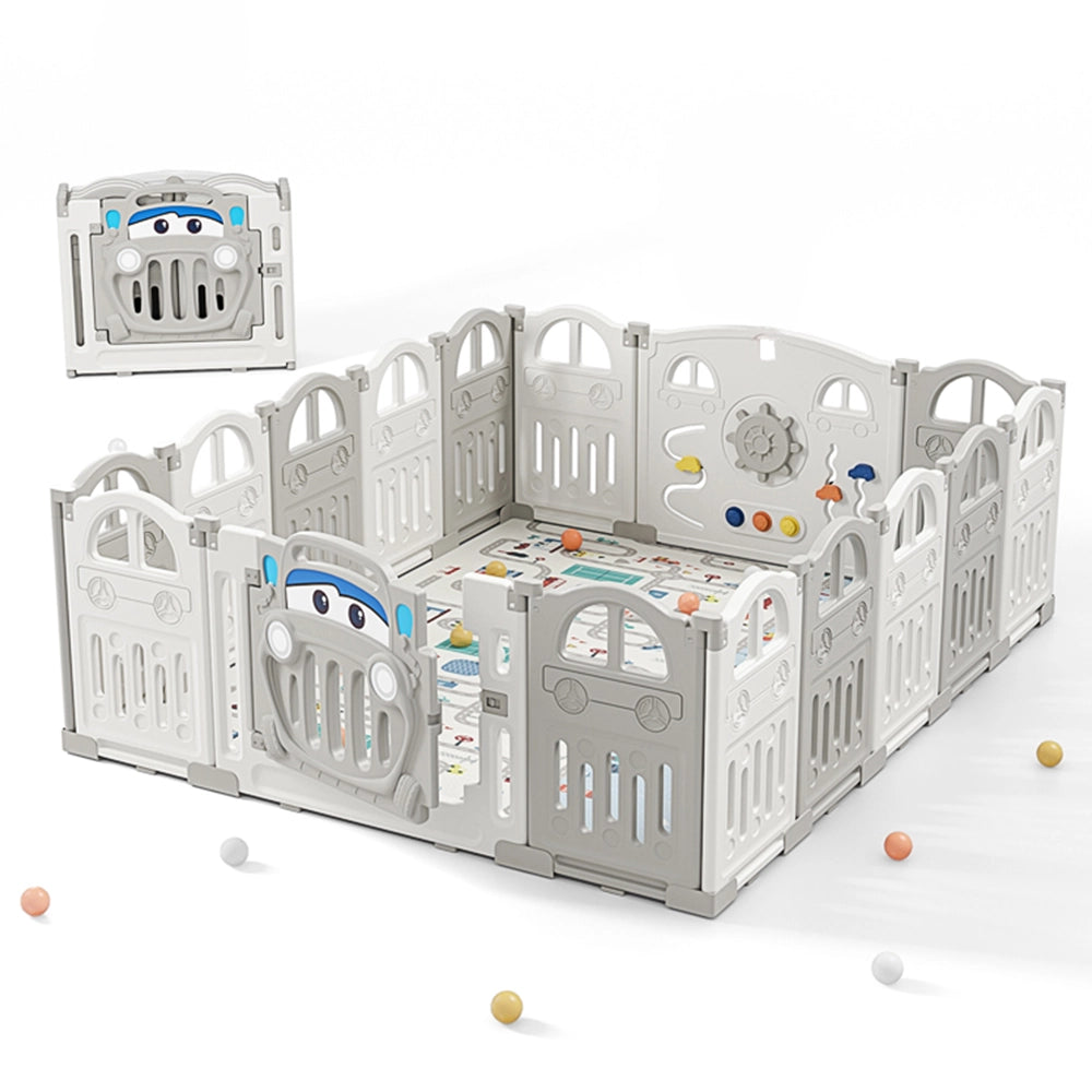 Parc pliable gris à panneaux voiture et tapis de jeu