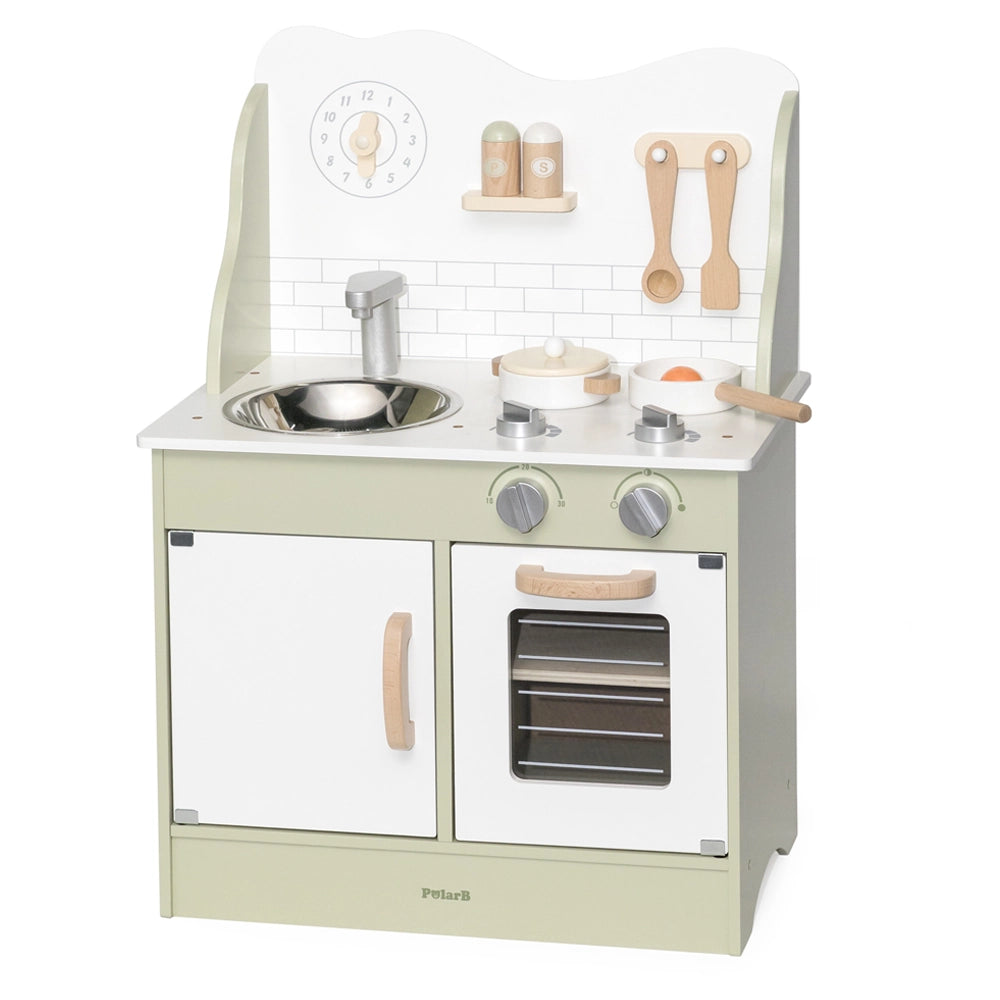 Cuisine Enfant Bois Blanc et Vert Pastel avec 7 Accessoires 3 Ans+