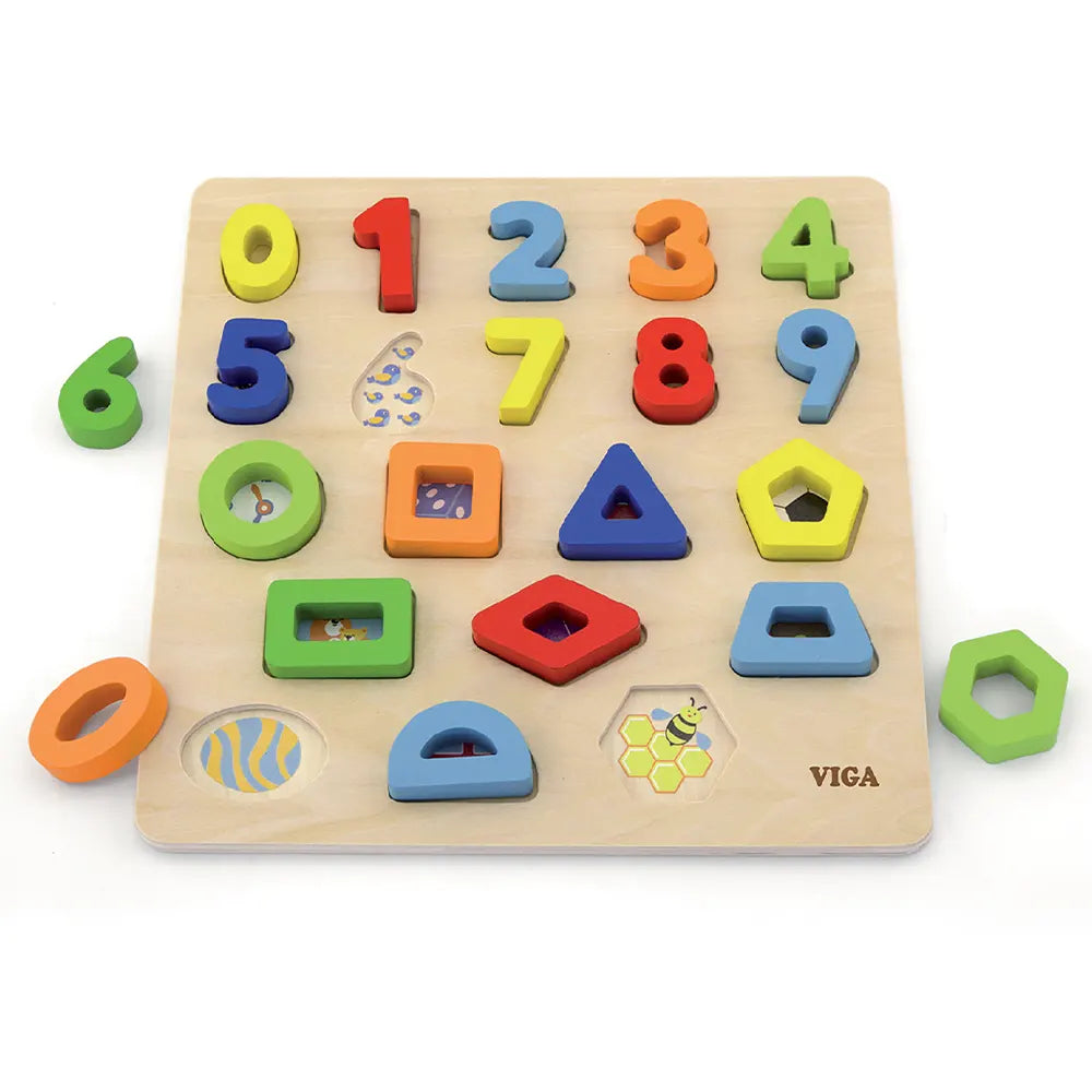 Puzzle en bois à encastrer, chiffres et formes