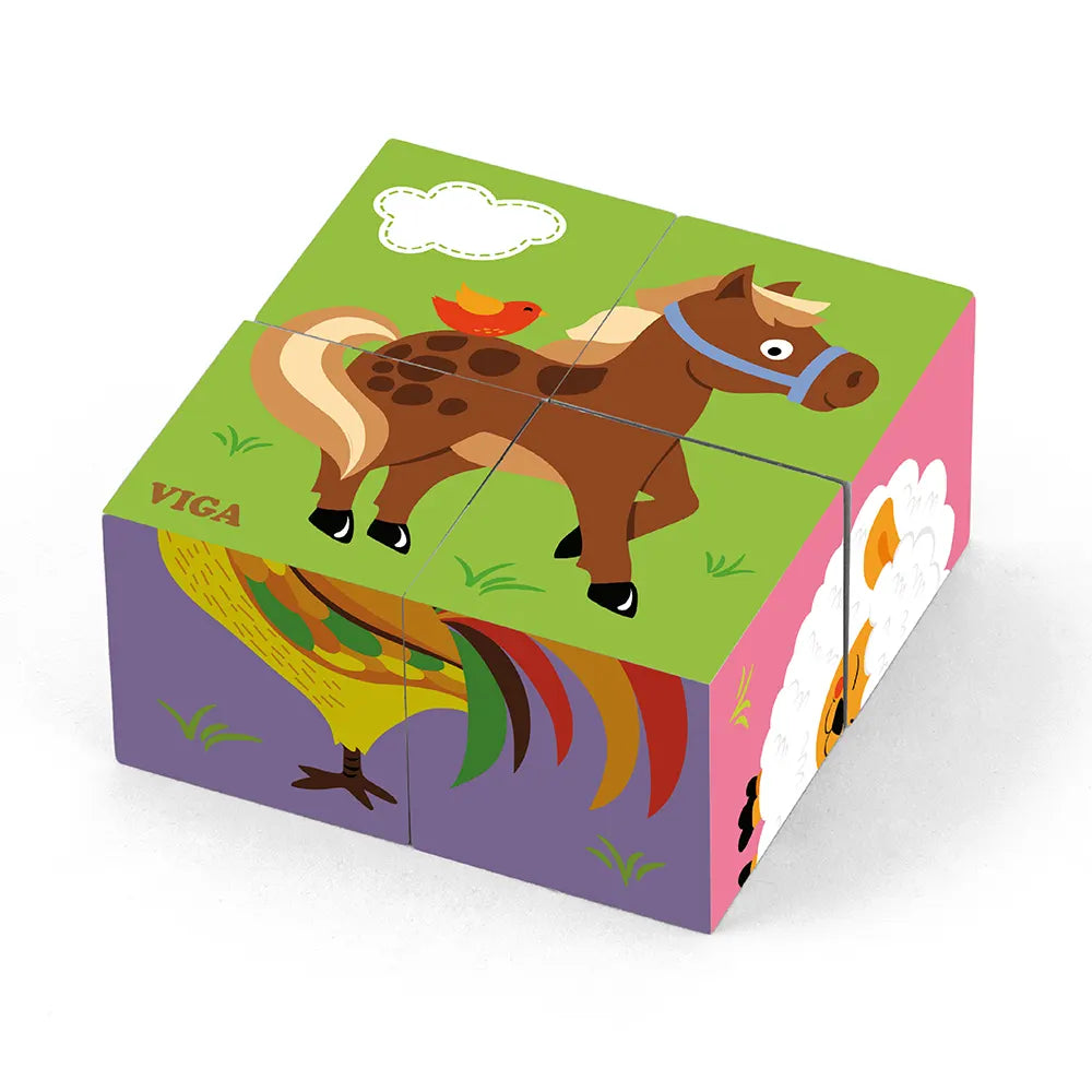 Cubes Puzzle Bois 4 Blocs Animaux de la Ferme Viga Toys 2 Ans+