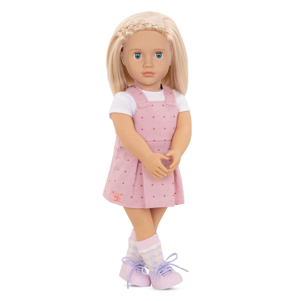 Naty, poupée de 46 cm en robe salopette rose