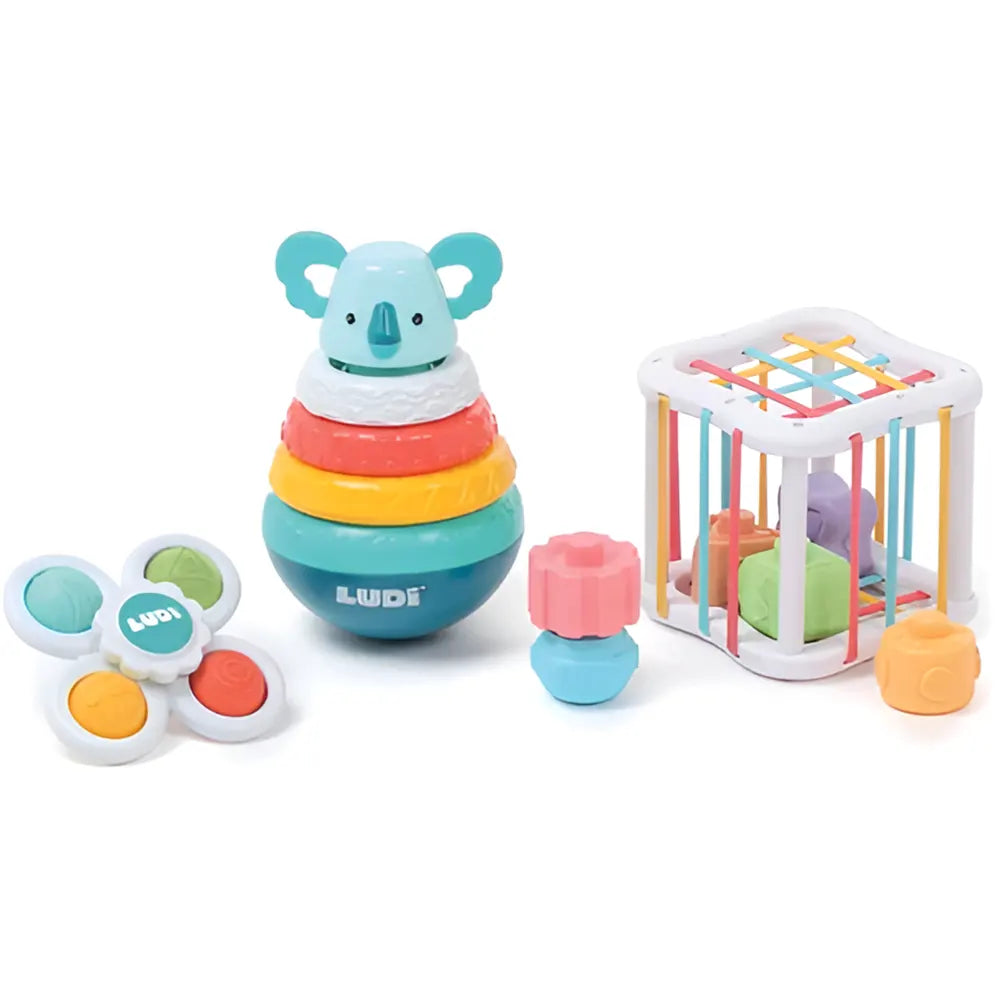 Coffret bébé pyramide koala, cube à élastiques et 3 spinners 10M+
