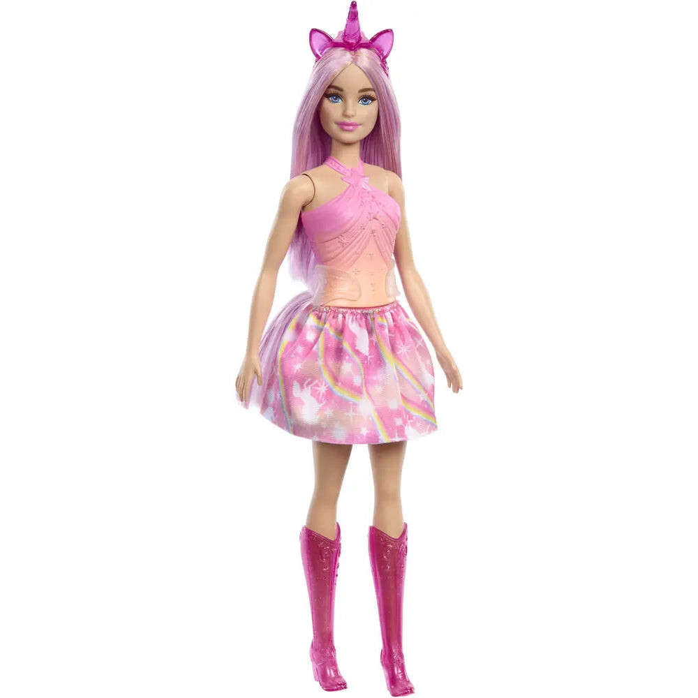 Poupée aux cheveux roses, jupe féerique et accessoires licorne dès 3 ans