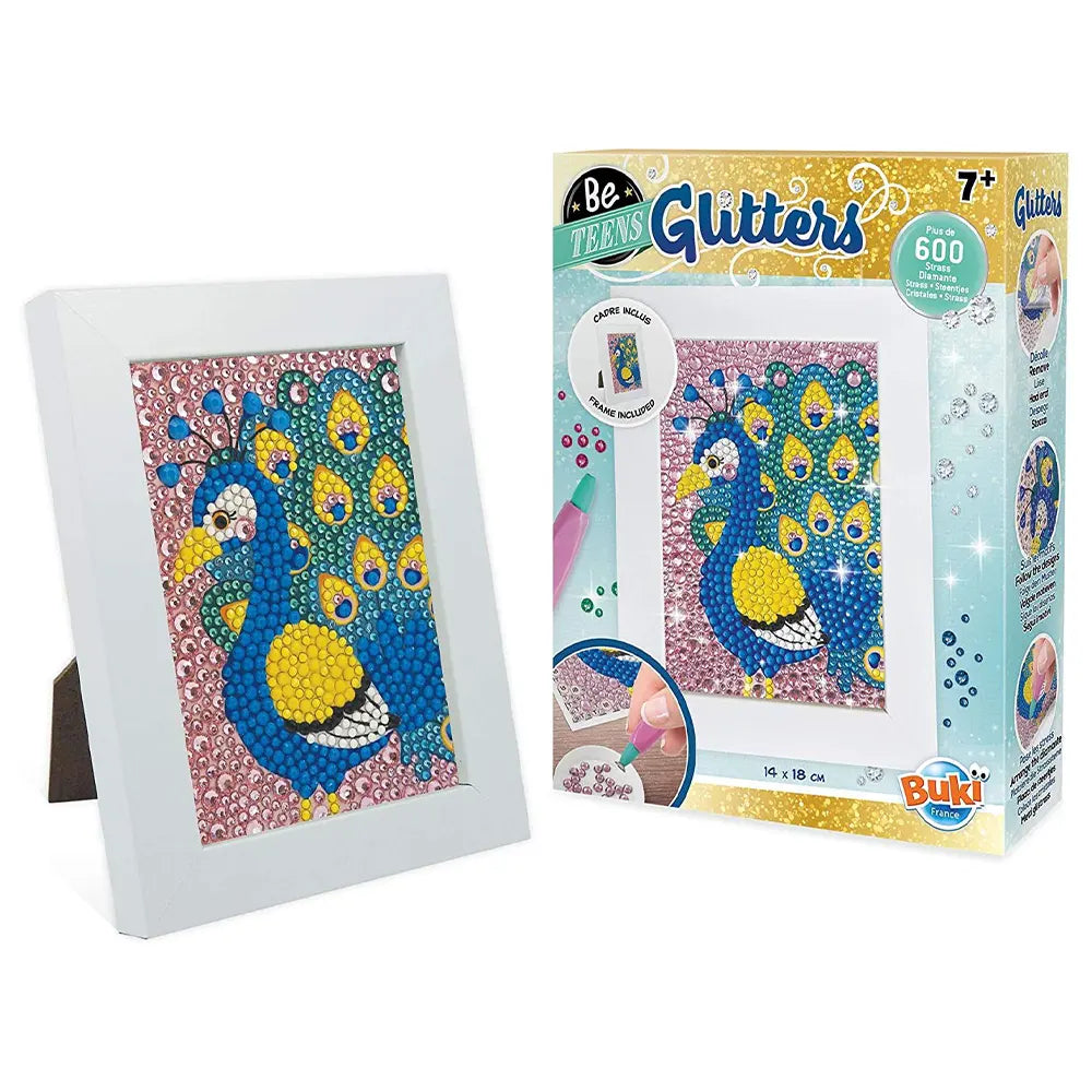 Kit créatif mosaïque de paon aux cristaux, avec cadre 7+