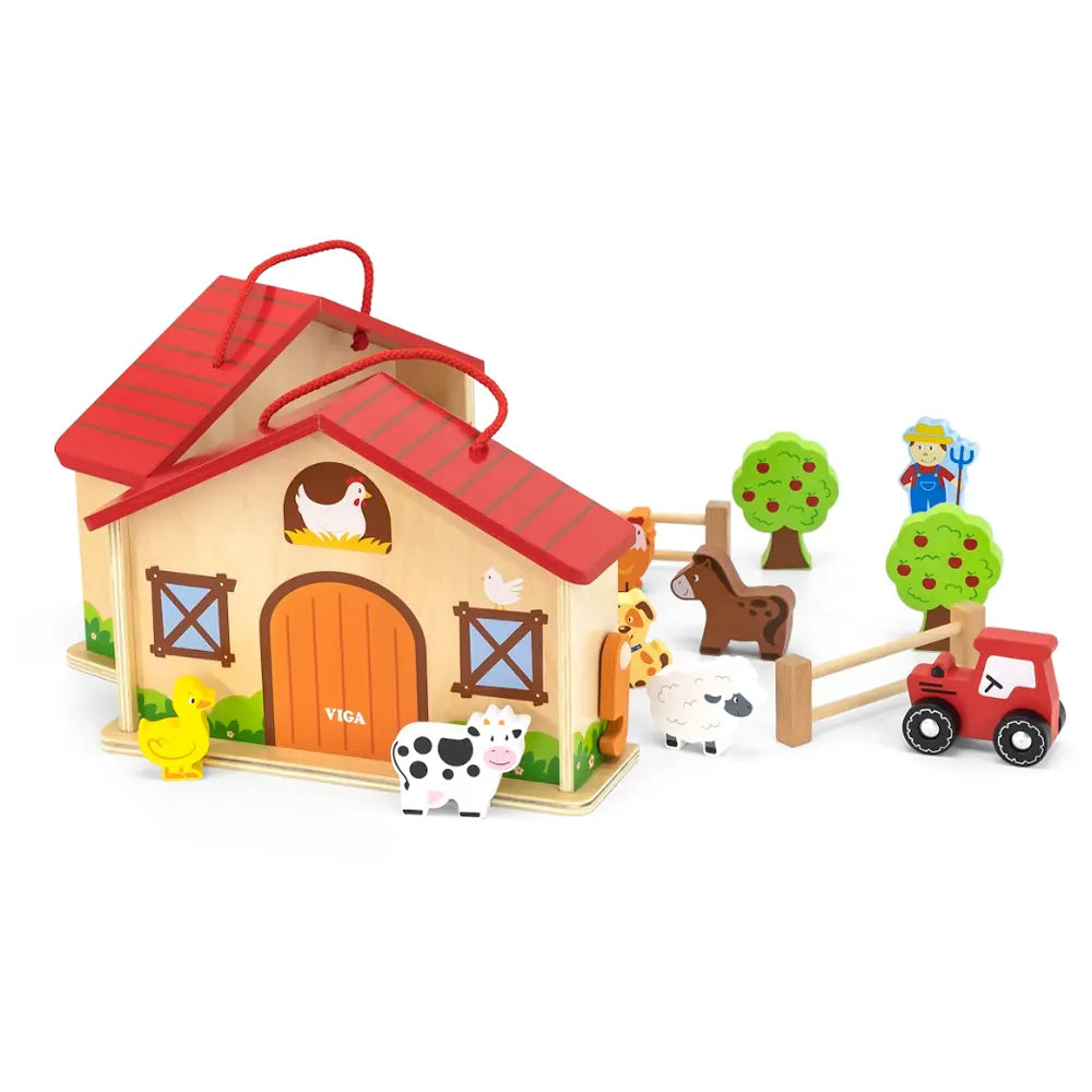 Coffret Ferme Bois 2 Étages avec 6 Animaux et Tracteur Viga Toys 2 Ans+