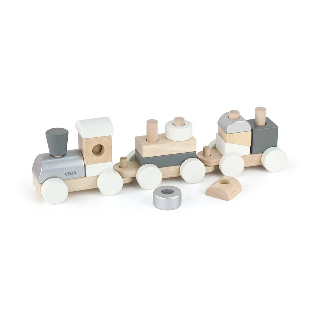 Train Bois Naturel et Gris à Tirer avec Blocs à Empiler Viga Toys 18M+