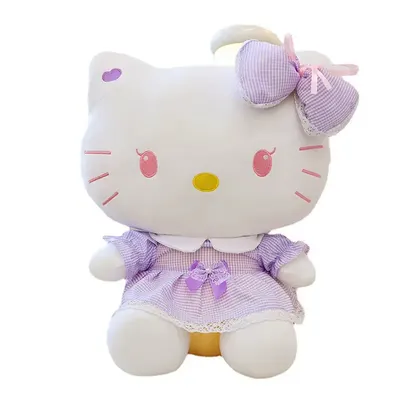 Peluche Hello Kitty en robe à carreaux lilas, 30 × 32 cm