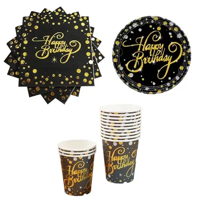 Table d’anniversaire noir et or : assiettes, gobelets et serviettes