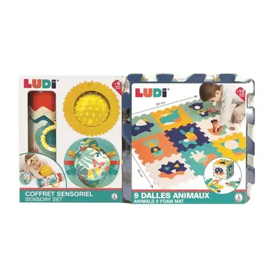 Tapis animaux et coffret d’éveil avec rouleau et deux balles