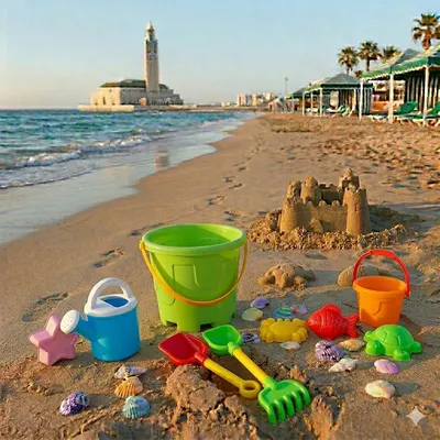 Jeu de sable : seau vert et outils de plage colorés