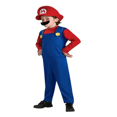 Déguisement enfant rouge et bleu avec salopette, chapeau et moustache