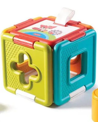 Cube d’éveil à formes et panneaux à cliquetis, dès 6 mois