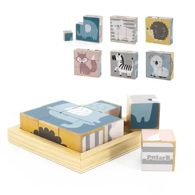 Cubes Puzzle Animaux Bois 9 Blocs 6 Images PolarB 24M+