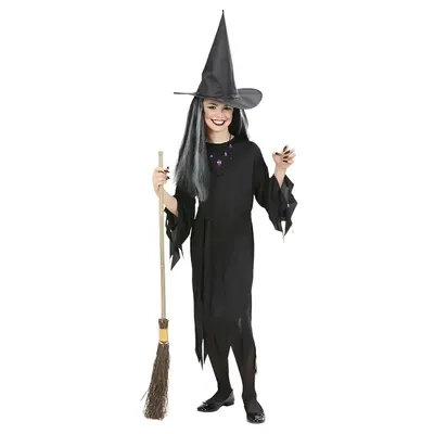 Robe de sorcière noire à manches dentelées, ceinture et chapeau