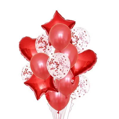 Bouquet rouge de ballons étoiles, cœurs et confettis