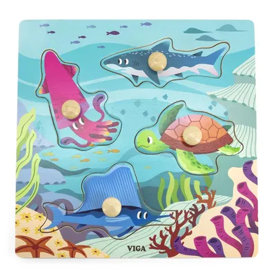 Puzzle Bois à Boutons Animaux Marins 4 Pièces 12M+
