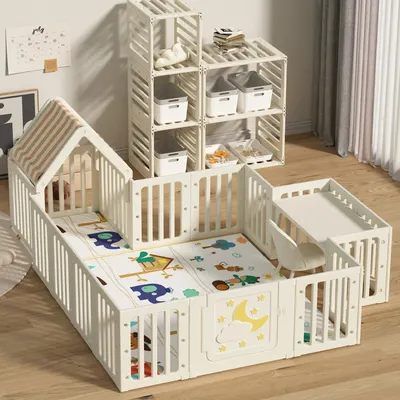 Parc pliable à panneaux avec maisonnette, table et tapis